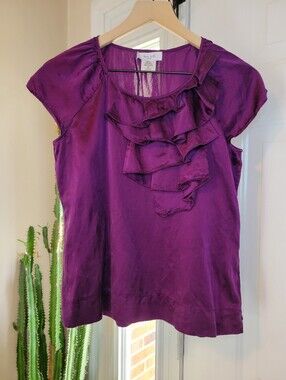Kate Hill Cascading Ruffle Deep‎ Purple Shortsleeve Blouse, Size Womens 4 Petite
